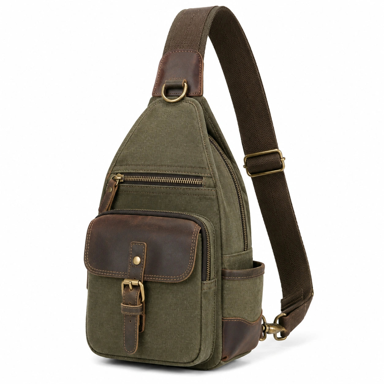 Borsa a tracolla 18x8x32 cm in tela e pelle verde oliva marrone stile vintage con tasche multiple