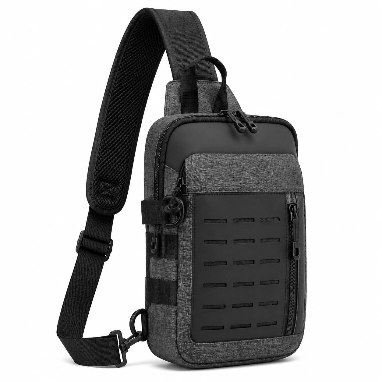Borsa a tracolla compatta 18 x 8 x 30 cm in tessuto grigio e nero con scomparti e pannello frontale