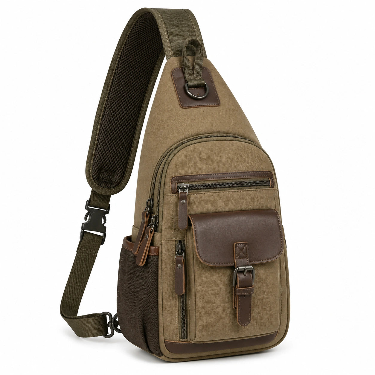 Borsa monospalla 18 x 9 x 32 cm in tela kaki e similpelle marrone per uso quotidiano stile casual