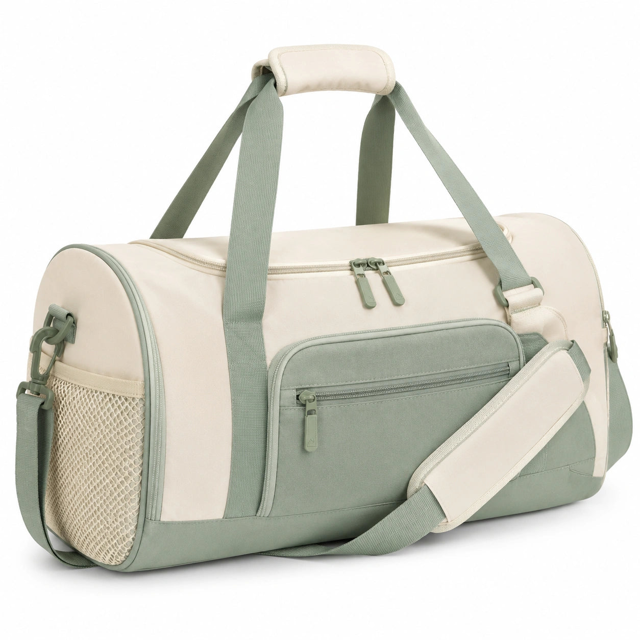 Borsone da viaggio 50x25x28 cm in tessuto beige e verde salvia con tracolla e tasche