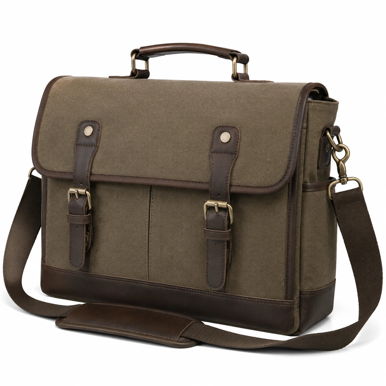 Borsa a tracolla da lavoro 40 x 12 x 30 cm in tela verde oliva con finiture marroni stile vintage
