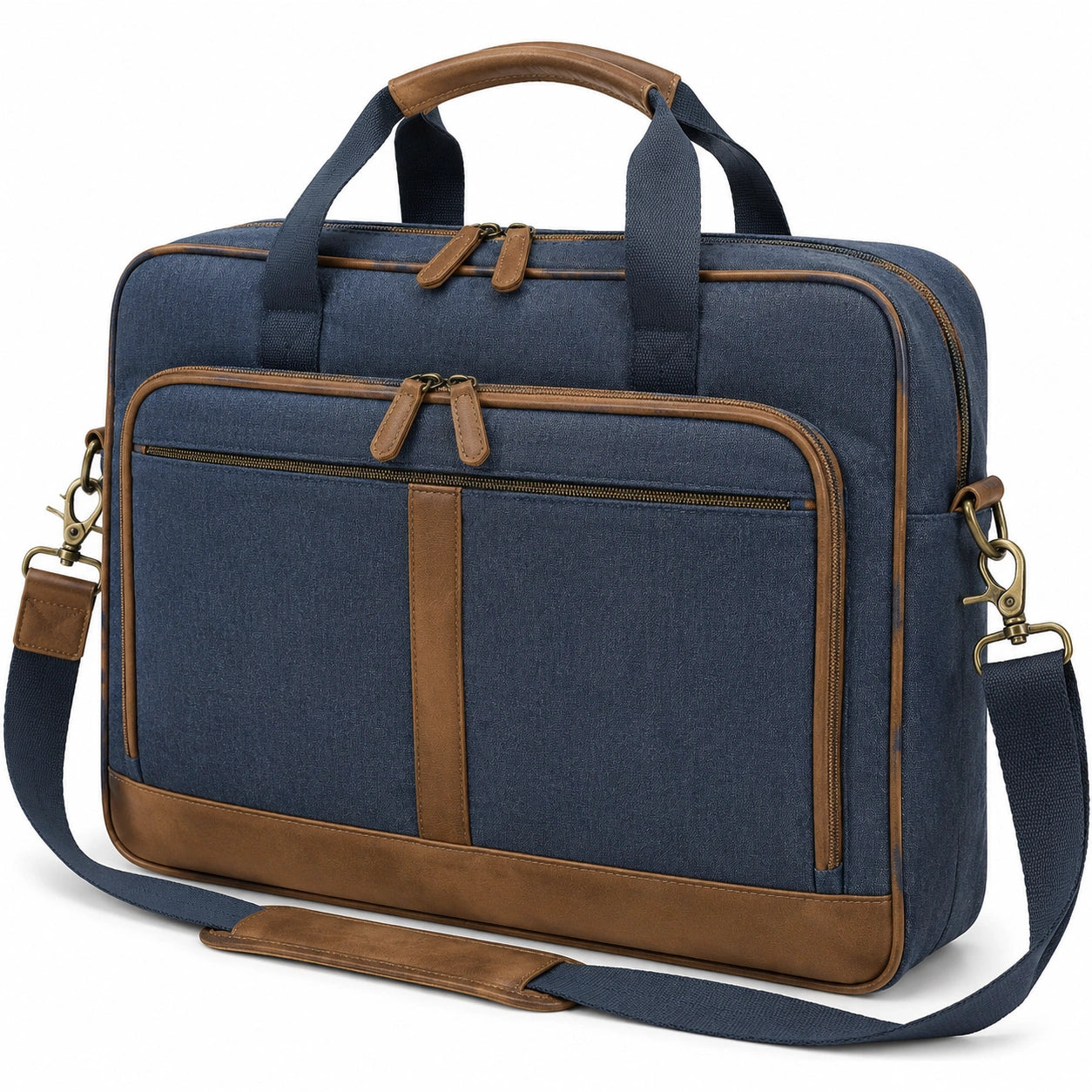 Borsa portadocumenti 42 x 10 x 32 cm in tessuto blu navy con finiture marroni - tracolla regolabile e tasche con zip