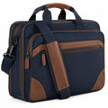 Borsa portadocumenti 42 x 12 x 32 cm in tessuto blu navy e finiture effetto pelle marrone con tracolla
