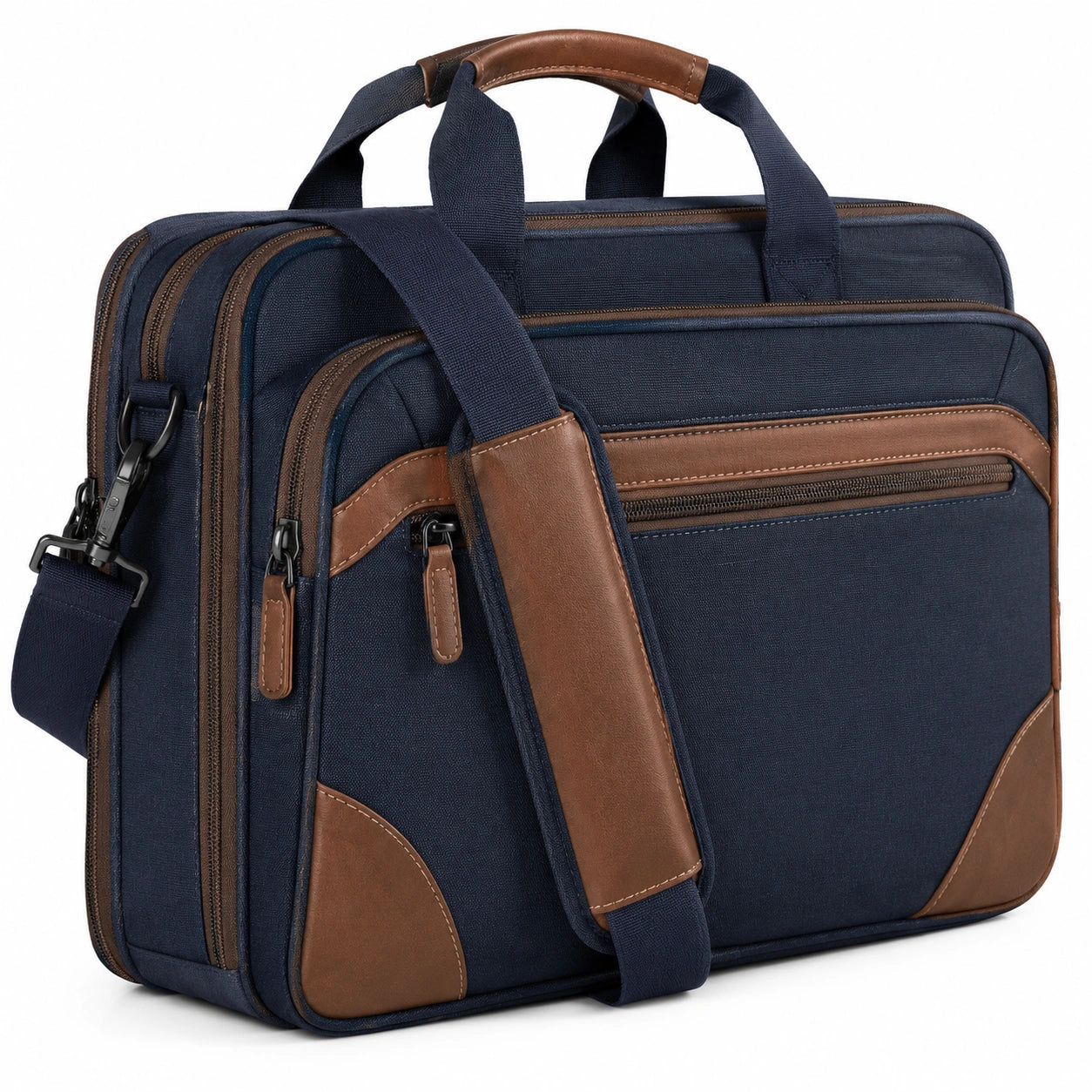 Borsa portadocumenti 42 x 12 x 32 cm in tessuto blu navy e finiture effetto pelle marrone con tracolla