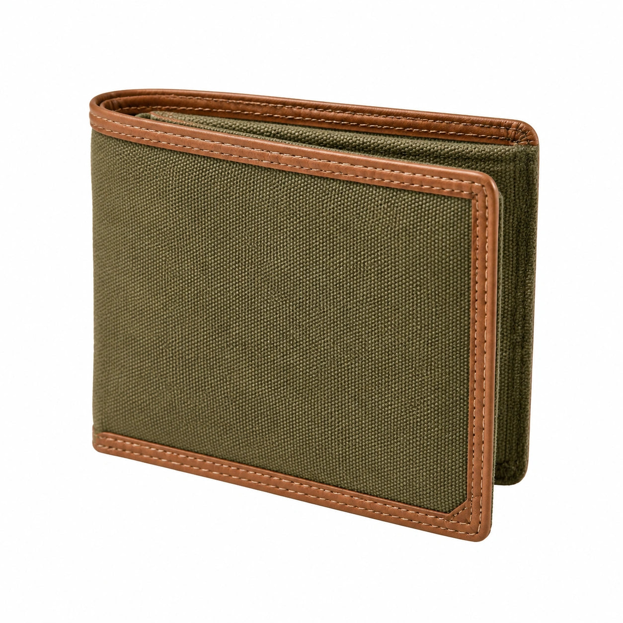 Portafoglio bifold 12 x 9 x 2 cm in tessuto verde oliva con bordi marroni stile casual
