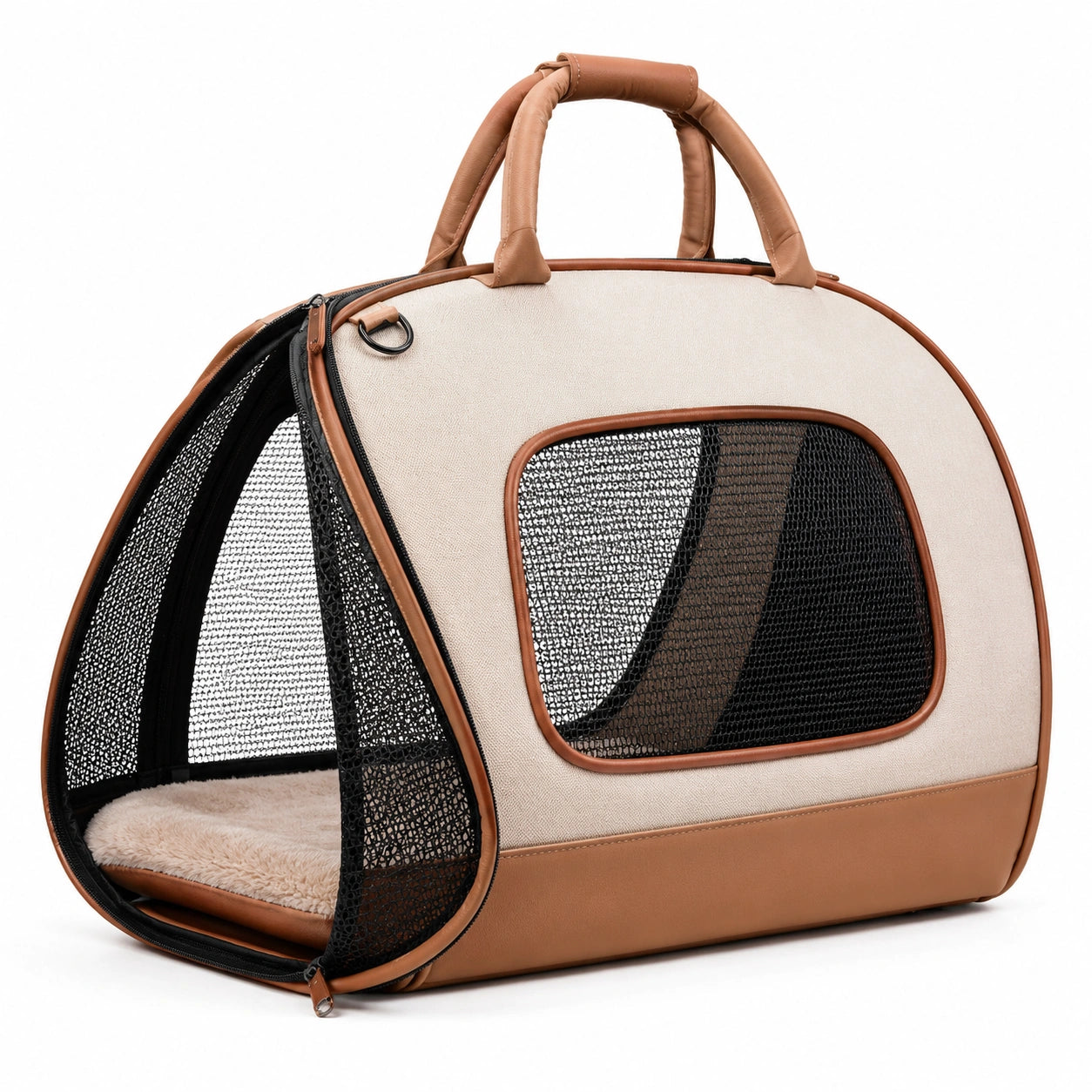 Trasportino per animali 45 x 28 x 32 cm in tessuto beige e marrone con rete traspirante pieghevole