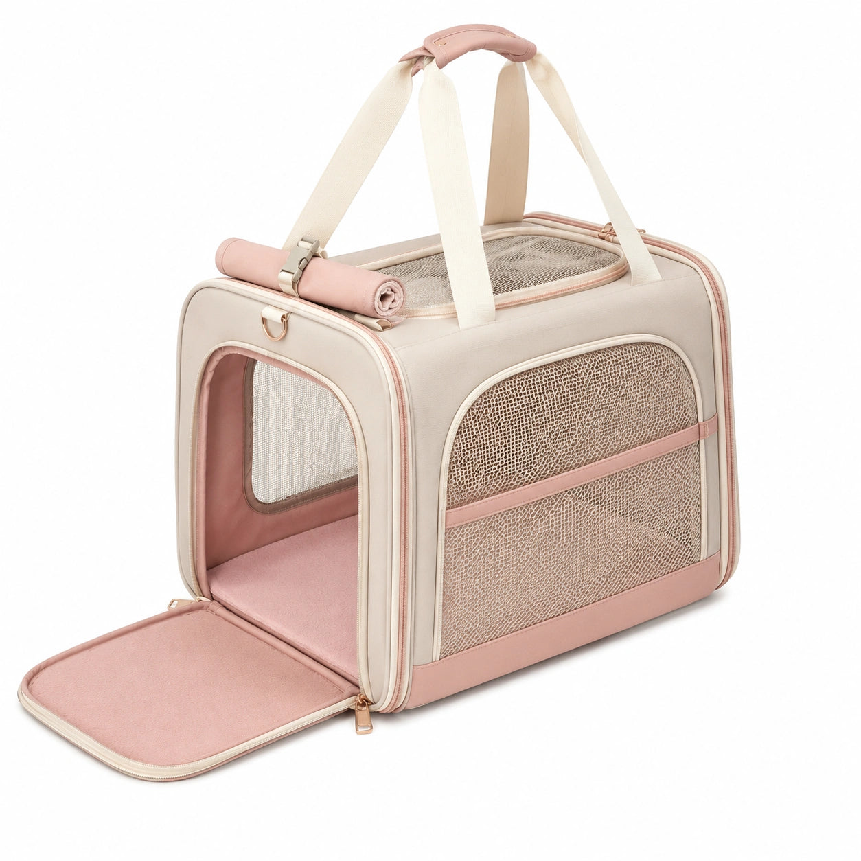Borsa trasportino per animali 45 x 28 x 28 cm in tessuto beige e rosa con rete ventilata