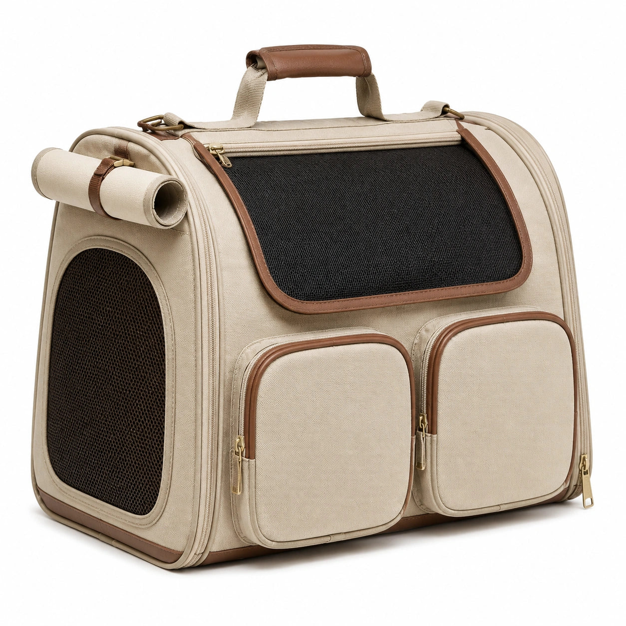 Trasportino per animali 46 x 28 x 33 cm in tessuto beige e marrone con rete - pieghevole e ventilato
