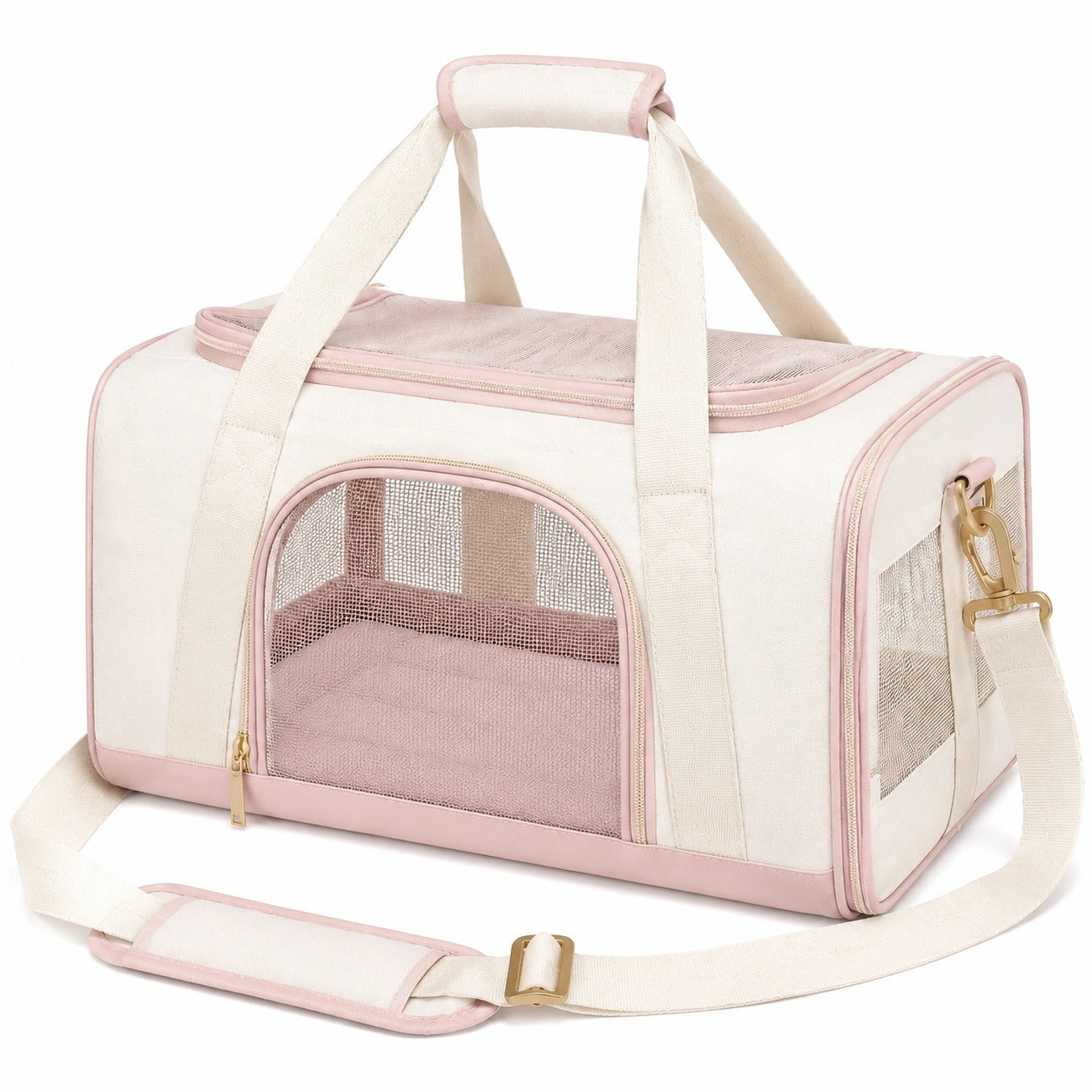 Borsa trasporto animali 45 x 28 x 30 cm in tessuto beige rosa con rete ventilata