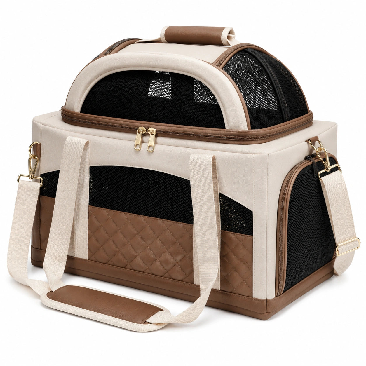 Borsa trasportino per animali 45 x 28 x 30 cm in tessuto beige e marrone con rete ventilata