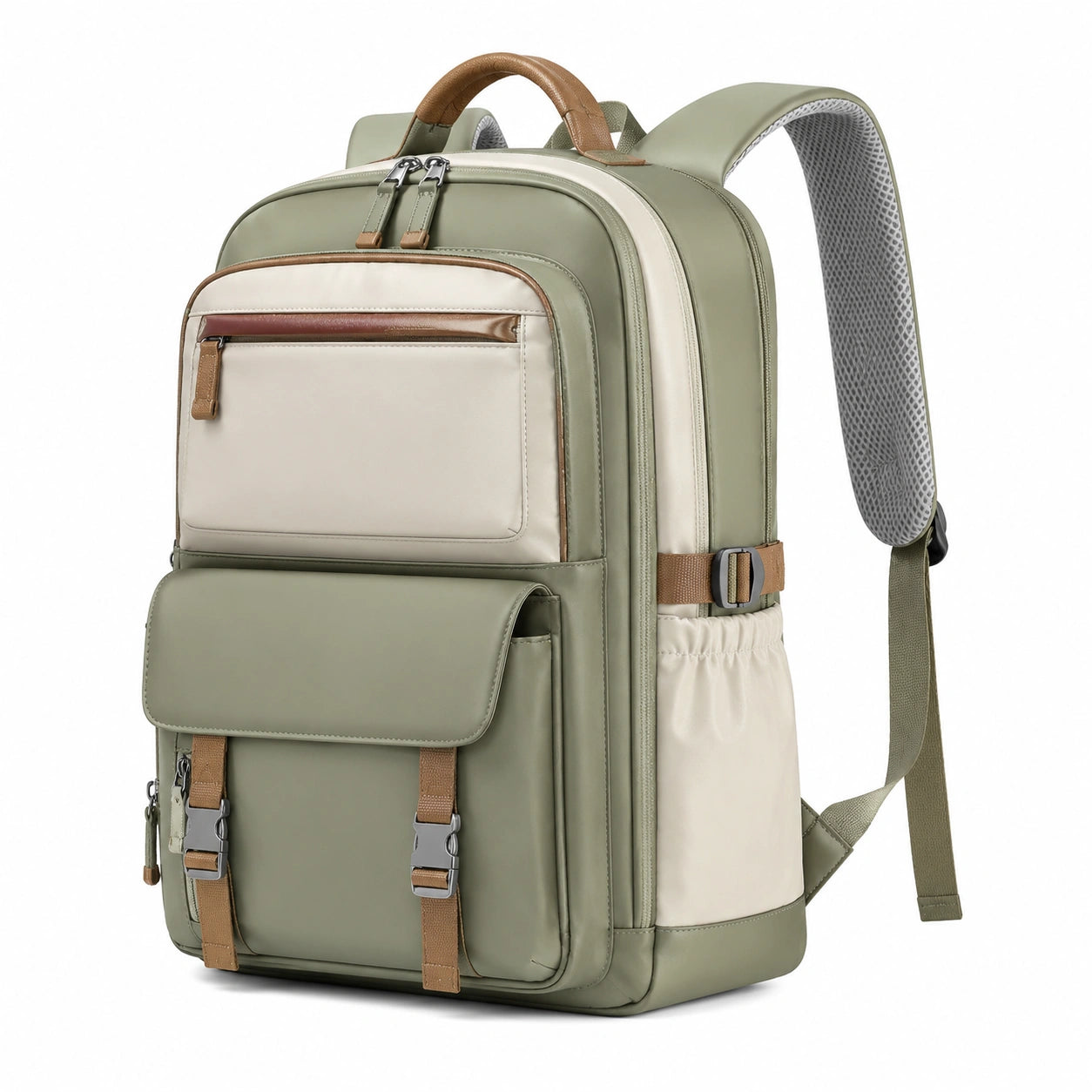 Zaino 32 x 18 x 45 cm in materiale sintetico verde salvia e beige per lavoro con tasche multiple